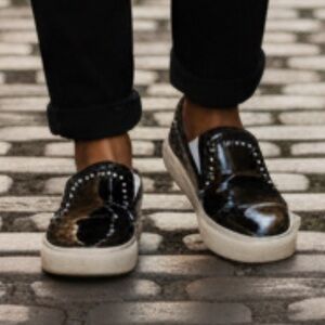 Givenchy Loafers, Black Patent Leather Silver Studs Wrap Made Italy Sz 6.5, 37